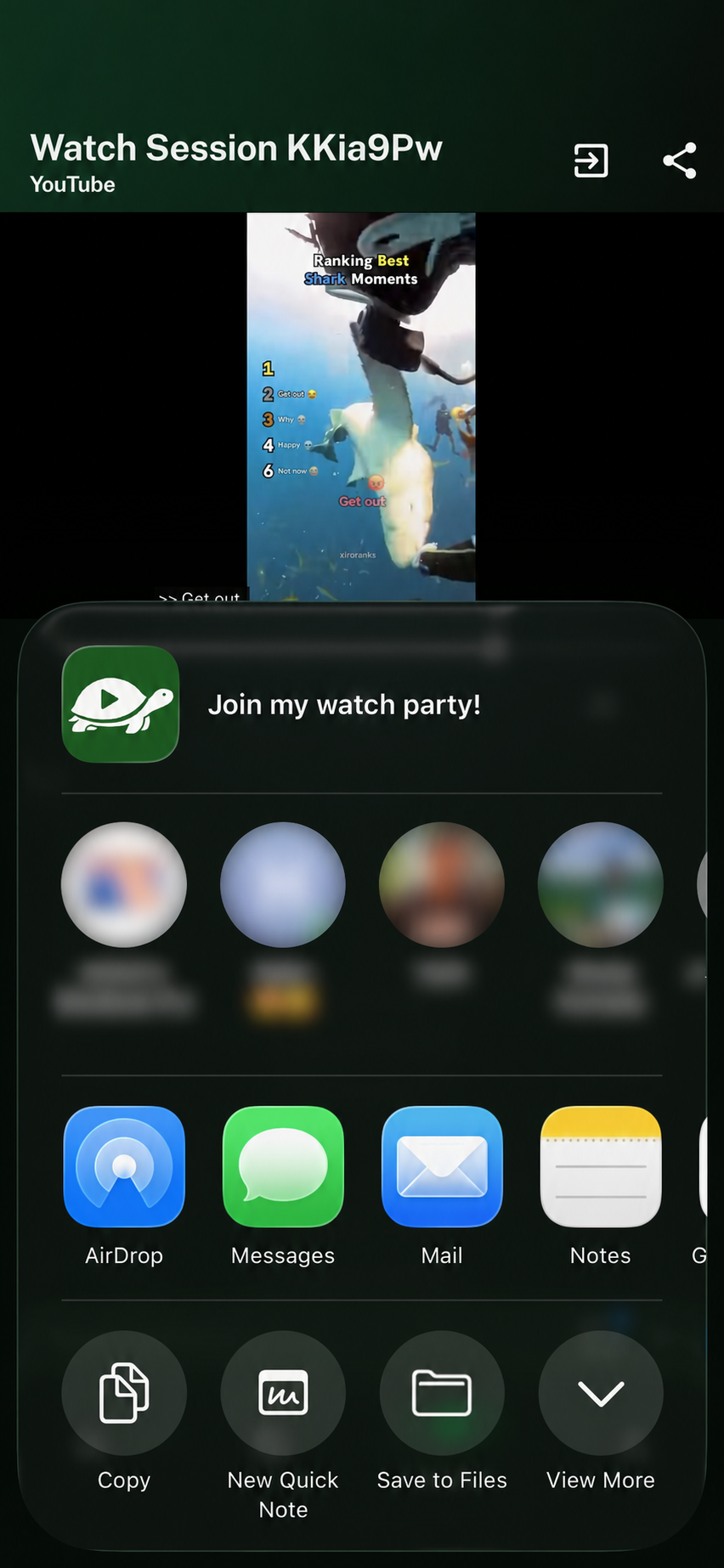 TurtleTV mobile watch session with the iOS share sheet open, showing options to copy or send a party invitation